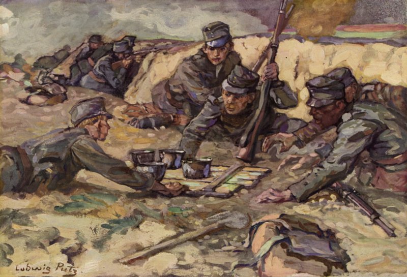 Forfriskning fra feltkøkkenet under kamp i skyttegravene (farve litho) af Ludwig Putz