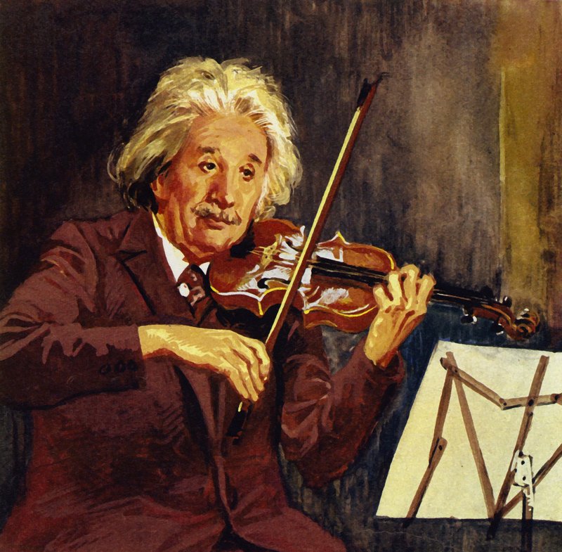 Albert Einstein spiller violin (farvelitografi) af Luis Arcas Brauner