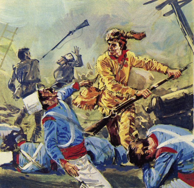 Davy Crockett faldt til sidst for de uophørlige mexicanske angreb (farvelitografi) af Luis Arcas Brauner