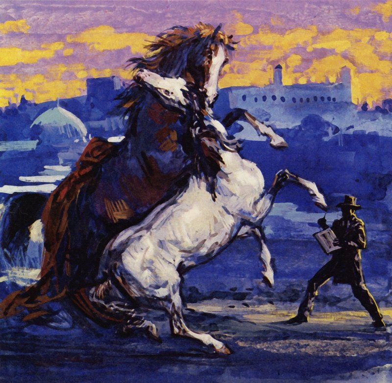 Delacroix så to vilde hingste kæmpe, og uden at tænke på risikoen tegnede han scenen (farvelitografi) af Luis Arcas Brauner