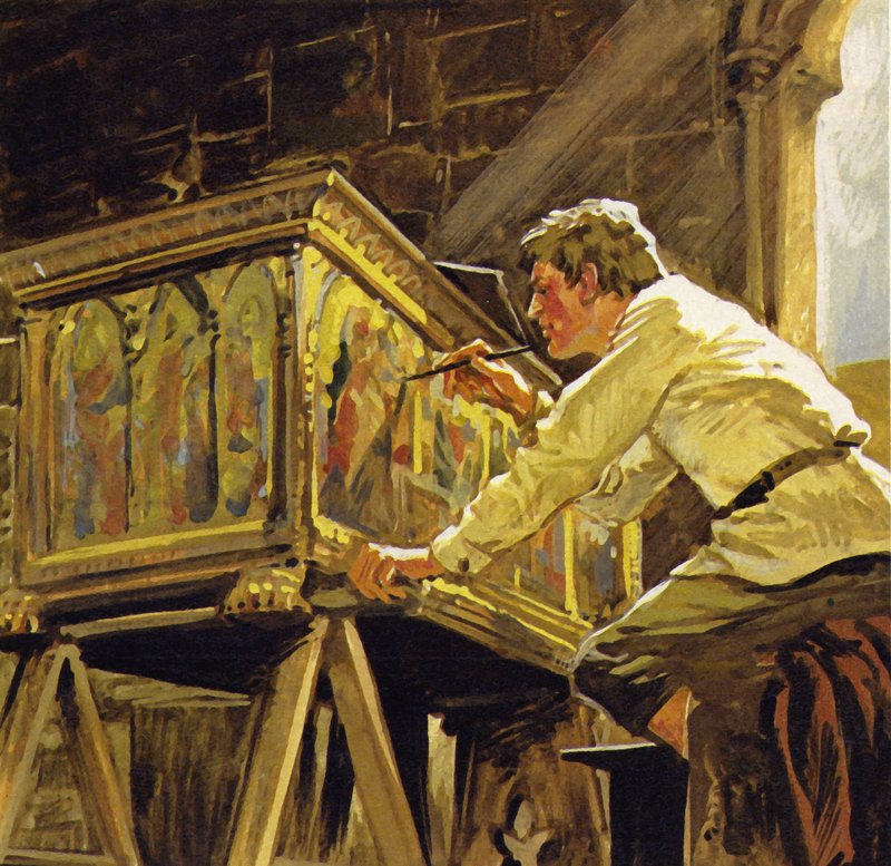 Duccio di Buoninsegna arbejdede i Siena med at dekorere æsker (farvelitografi) af Luis Arcas Brauner