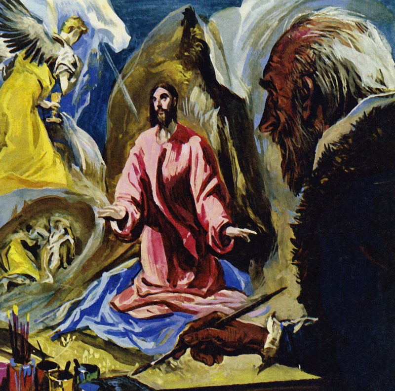 El Greco fortsatte med at male religiøse motiver indtil sin død i en alder af 73 år (farvelitografi) af Luis Arcas Brauner