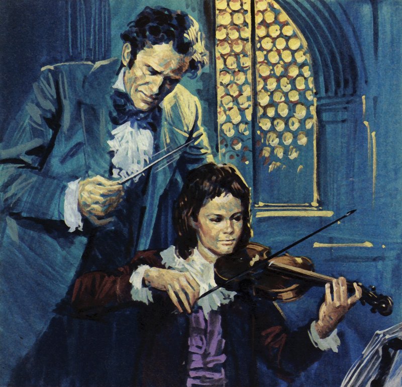 Eugene Delacroix var et skrøbeligt barn, der tidligt viste talent for violinspil (farvelitografi) af Luis Arcas Brauner