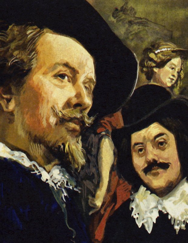 Hals mødte Paul Rubens (til venstre) på en rejse til Antwerpen (farvelitografi) af Luis Arcas Brauner