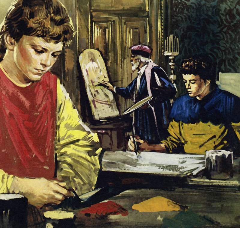 Jan og hans bror Herbert Van Eyck begyndte deres liv som lærlinge hos en lokal maler (farvelitografi). af Luis Arcas Brauner