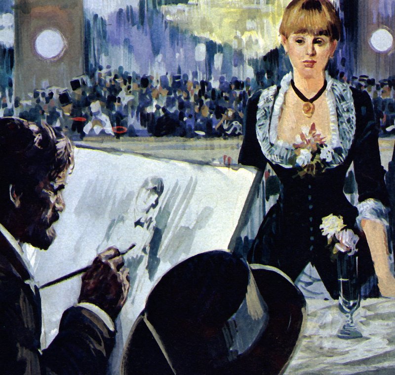 Manet maler pigen bag baren på Folies-Bergere (farvelitografi) af Luis Arcas Brauner