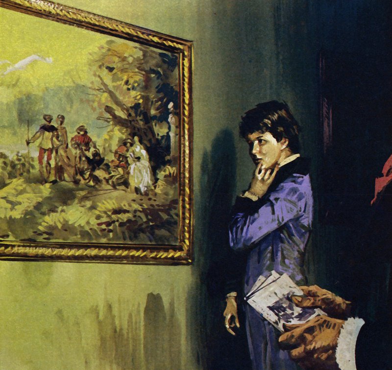 Renoir ville besøge Louvre for at beundre Watteaus arbejde (farvelitografi) af Luis Arcas Brauner