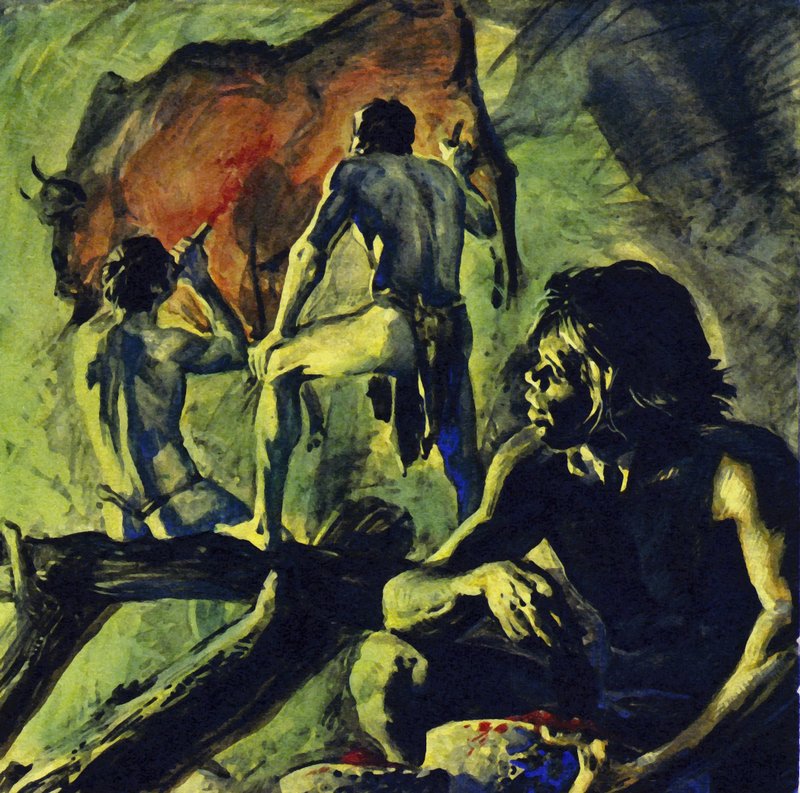 Hulemalerierne i Altamira blev malet for 15.000 år siden (farvelitografi) af Luis Arcas Brauner