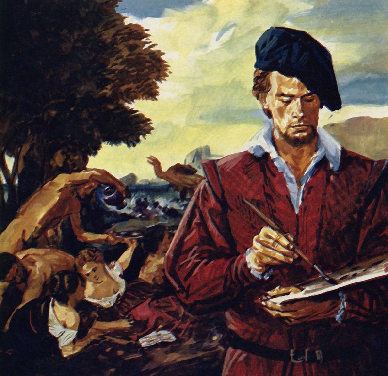 Tizian arbejdede for mange af de adelige familier i Venedig (farvelitografi) af Luis Arcas Brauner