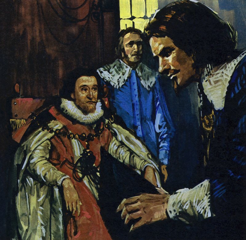 Van Dyck fik opmærksomhed fra jarlen af Arundel, som præsenterede ham for kong James I (farvelitografi) af Luis Arcas Brauner