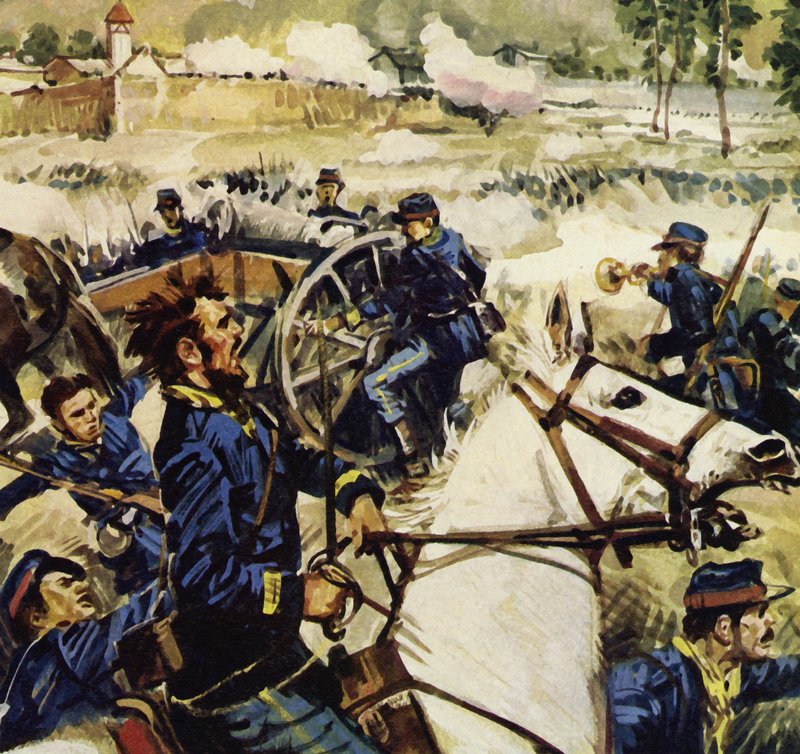 Da krigen brød ud mellem Frankrig og Preussen, meldte Manet sig til artilleriet (farvelitografi) af Luis Arcas Brauner