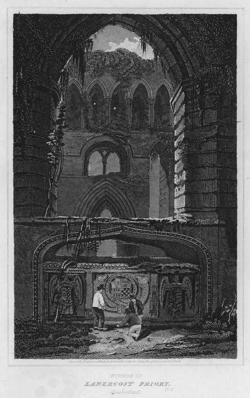 Interiør af Lanercost Priory, Cumberland (gravering) af Luke (after) Clennell