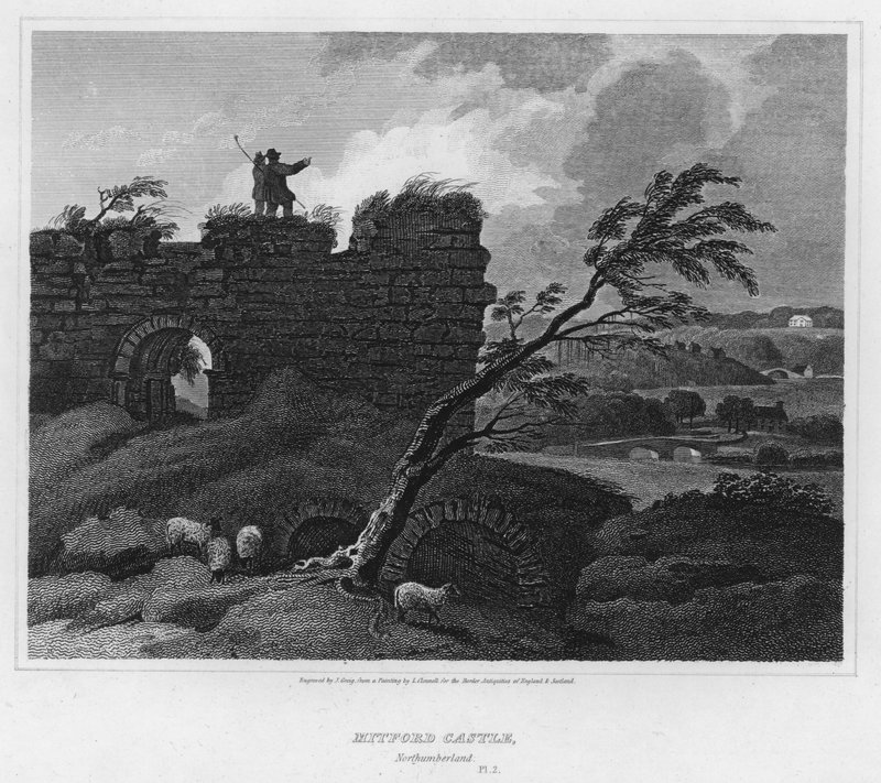 Mitford Castle, Northumberland (gravering) af Luke (after) Clennell