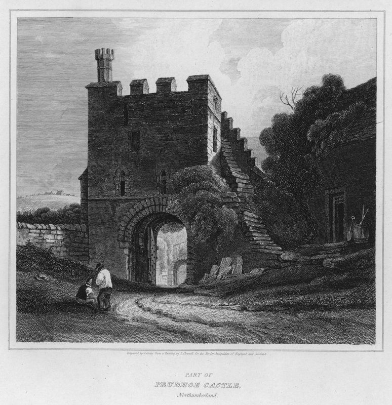 En del af Prudhoe Castle, Northumberland (gravering) af Luke (after) Clennell