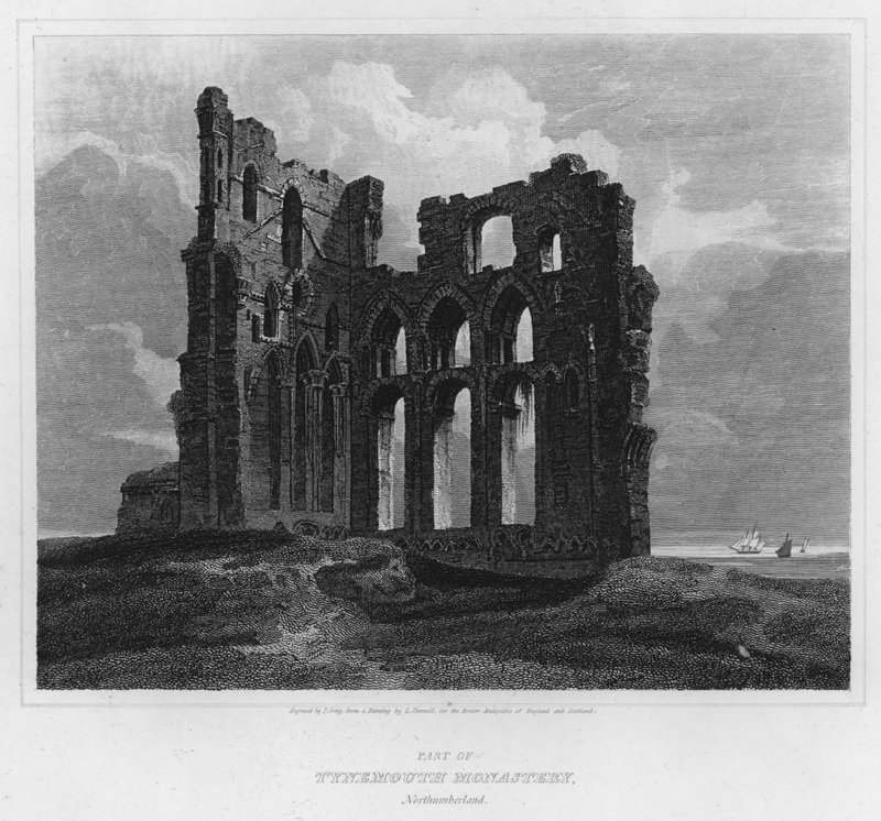 En del af Tynemouth Monastery, Northumberland (gravering) af Luke (after) Clennell