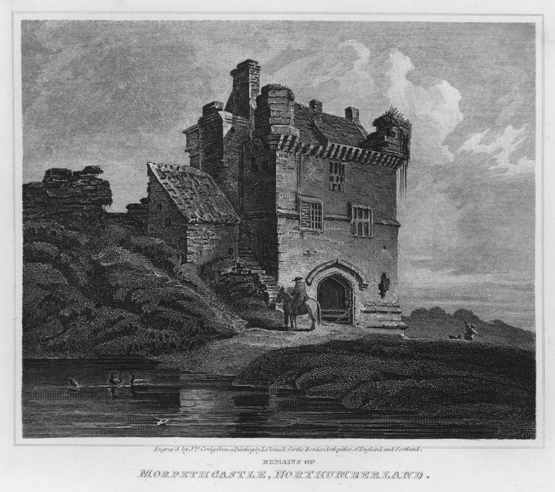 Rester af Morpeth Castle, Northumberland (gravering) af Luke (after) Clennell