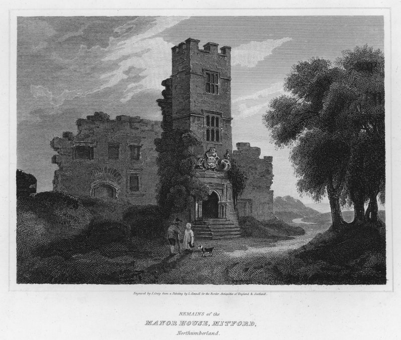 Rester af Manor House, Mitford, Northumberland (gravering) af Luke (after) Clennell