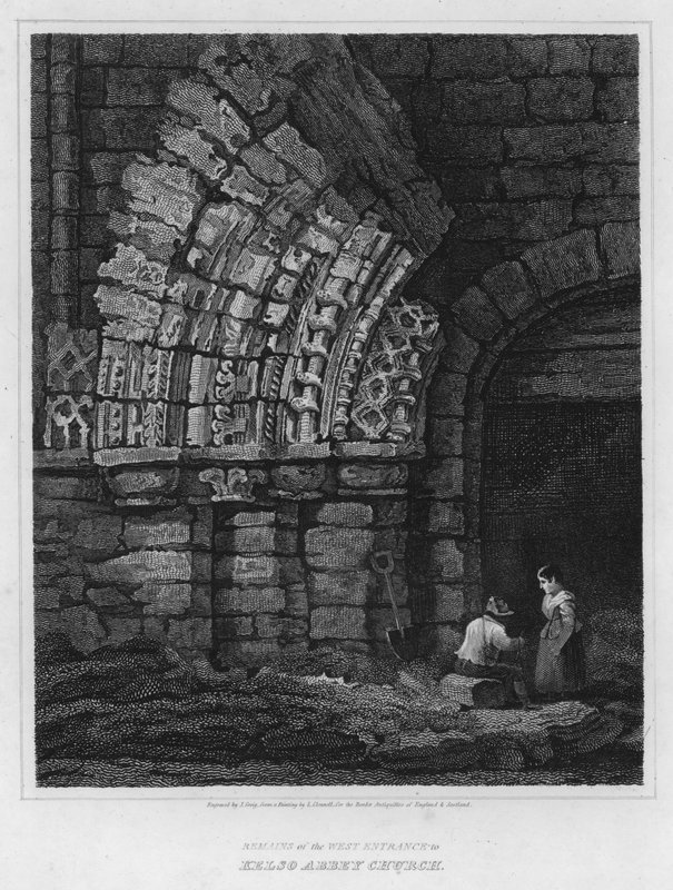 Rester af den vestlige indgang til Kelso Abbey Church (gravering) af Luke (after) Clennell