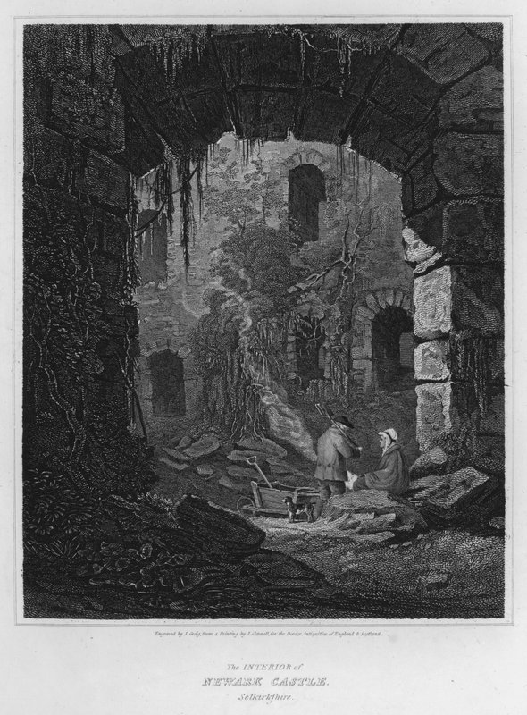 Det indre af Newark Castle, Selkirkshire (gravering) af Luke (after) Clennell