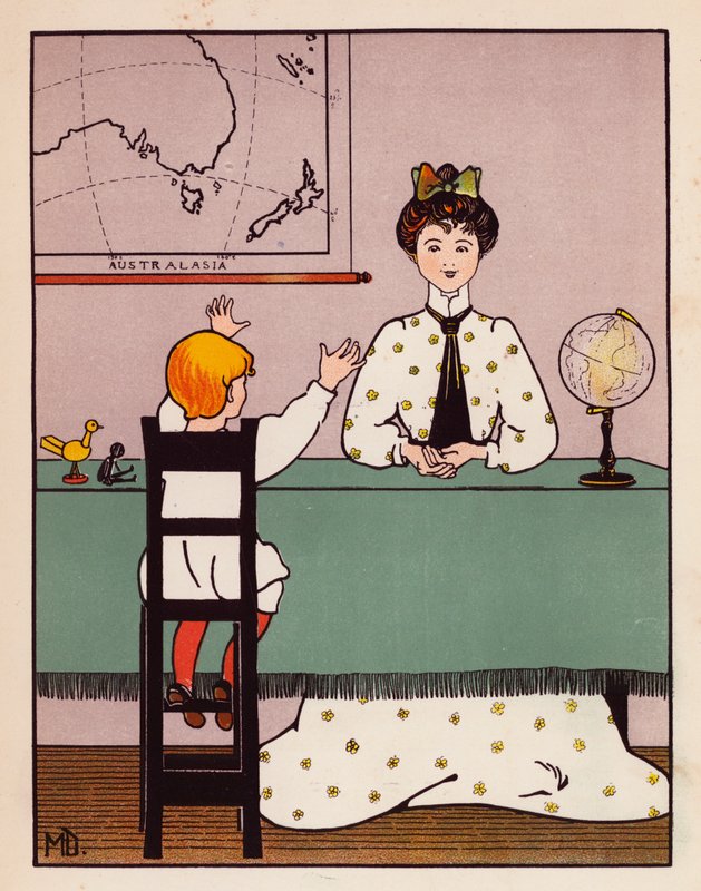 "Jeg burde kalde det geografi," sagde hun" (farvelitografi) af Mabel Dearmer