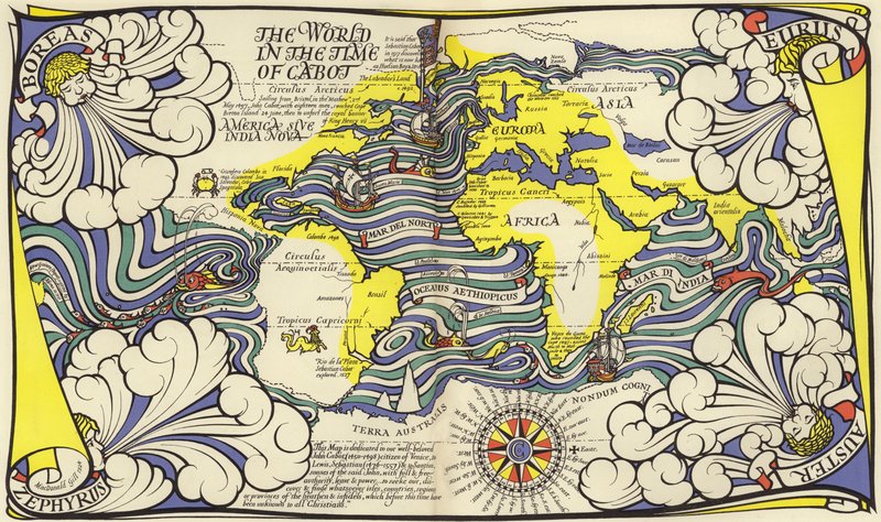Kort over verden på navigatørens John og Sebastian Cabots tid (farve litho) af MacDonald Gill