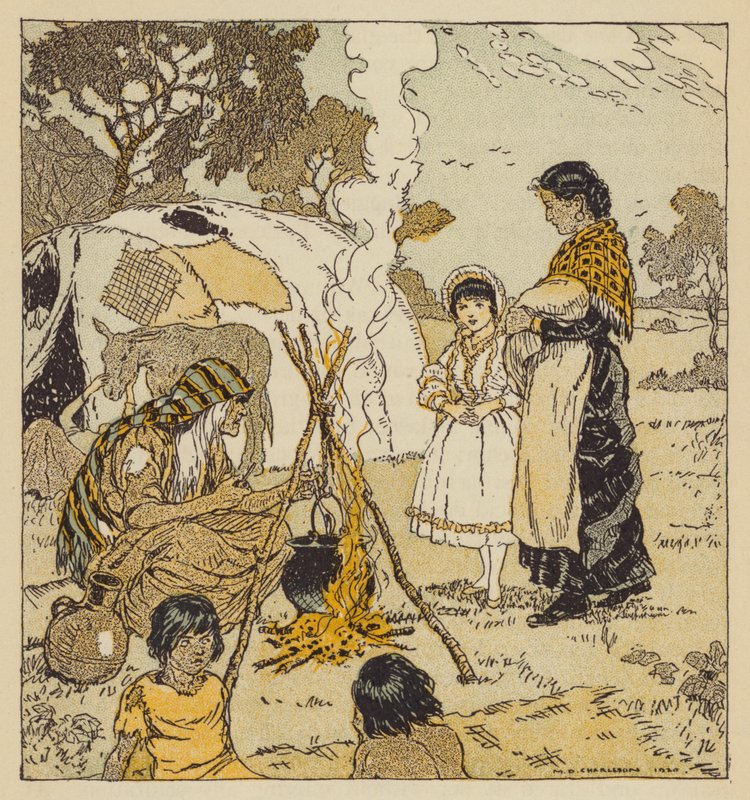 Maggie Tulliver med sigøjnerne, scene fra The Mill on the Floss, af George Eliot (farve litho) af Malcolm Daniel Charleson