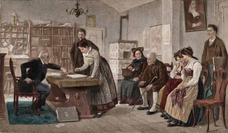 Underskrivelse af ægteskabskontrakten (farvefotogravure) af Marc Louis Benjamin Vautier