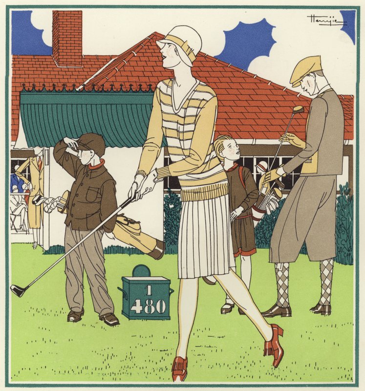 Første tee, overfor klubhuset i Le Touquet (farvelitografi) af Marcel Jacques Hemjik