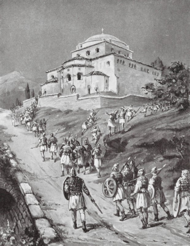 Byzantinske tropper på flugt foran normannerne (litografi) af Margaret (after) Dovaston