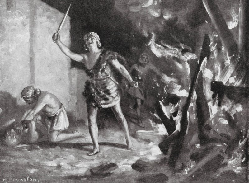 Elamitterne brænder og plyndrer en babylonisk landsby (litografi) af Margaret (after) Dovaston