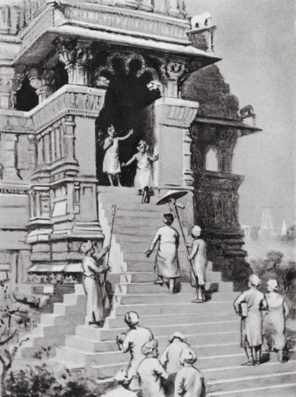 Kirtivarman Chandella besøger sit tempel i Khajurahu, AD 1065 (litografi) af Margaret (after) Dovaston