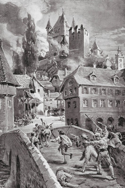 Afbrændingen af slottet Wadenschwyl i 1804 (litografi) af Margaret (after) Dovaston