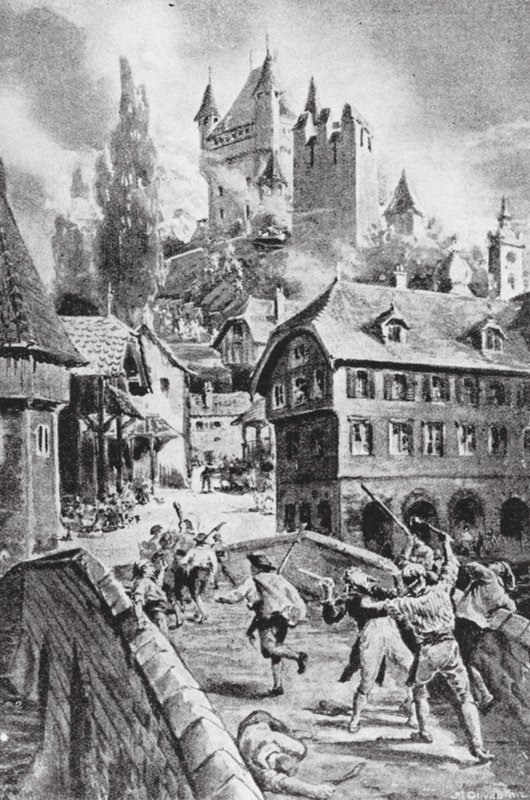 Afbrændingen af slottet Wadenschwyl i 1804 (litografi) af Margaret (after) Dovaston