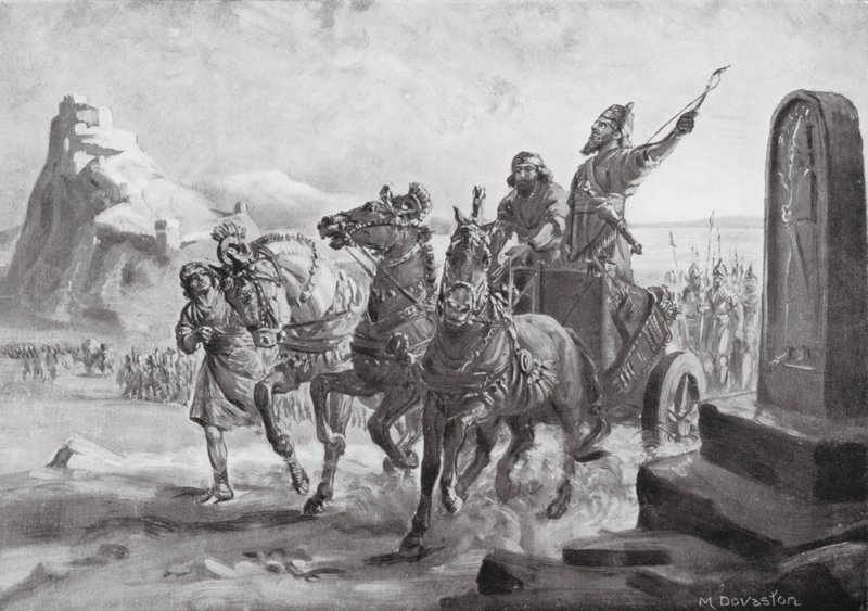 Tiglath-pileser IV foran citadellet i Turushpa (litografi) af Margaret (after) Dovaston