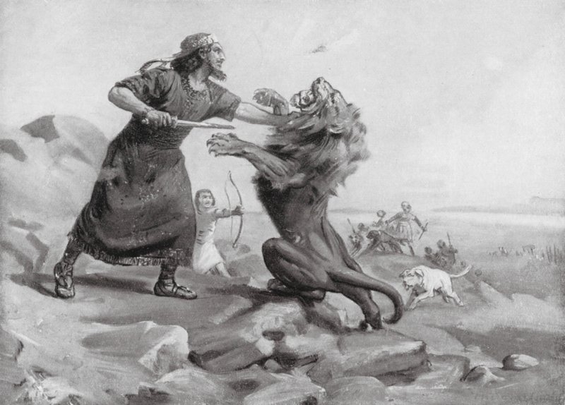 Tiglath-Pileser I dræber en løve (litografi) af Margaret (after) Dovaston
