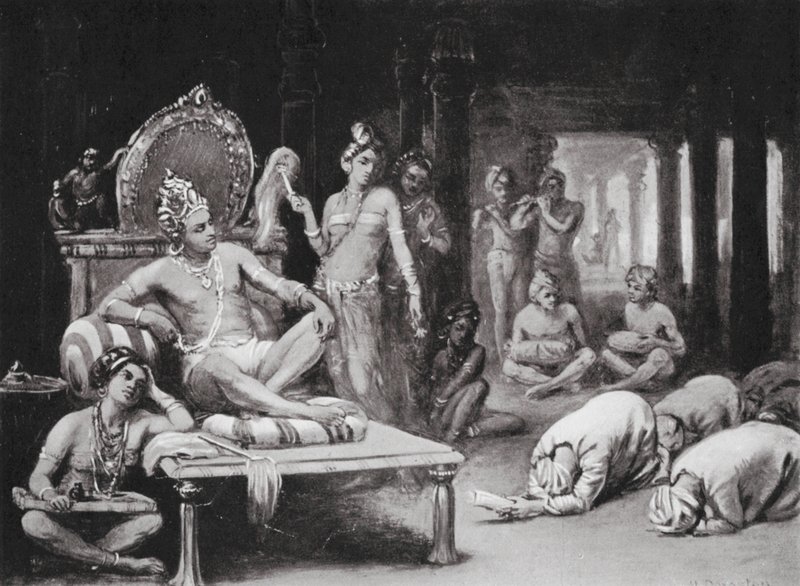Vikramanka Chalukhya sender et venligt brev til Kulottunga Chola (litografi) af Margaret (after) Dovaston