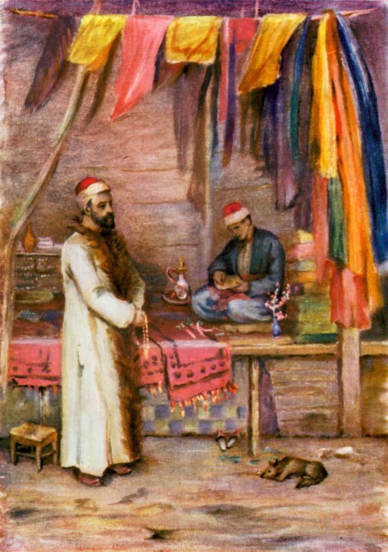 En købmand, Grand Bazaar, Damaskus (farvelitografi) af Margaret Thomas