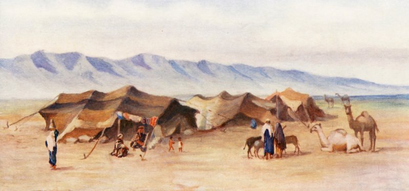 Arabisk lejr mellem Homs og Palmyra (farvelitografi) af Margaret Thomas