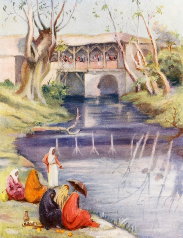 Café på Barada, Damaskus (farvelitografi) af Margaret Thomas