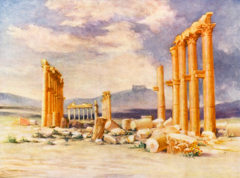 Kolonnade, Palmyra, med drusisk borg i det fjerne (farvelitografi) af Margaret Thomas