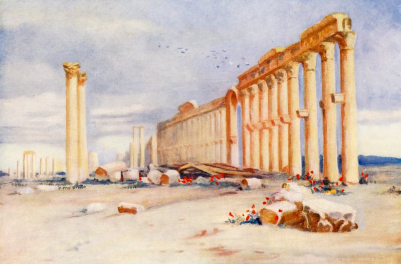 Kolonnade, Palmyra, med tyrkisk borg i det fjerne (farvelitografi) af Margaret Thomas