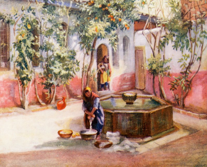 Gårdspladsen i et damascensk hus (farvelitografi) af Margaret Thomas