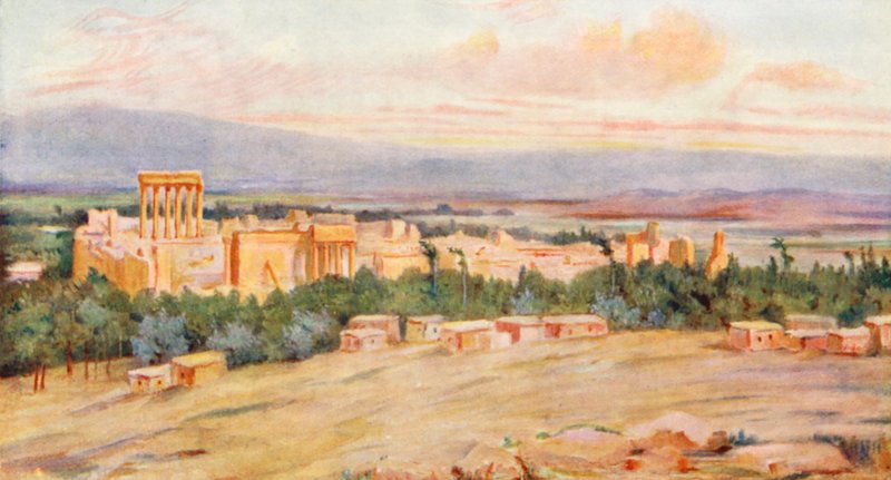 Generel udsigt over Akropolis, Baalbek (farvelitografi) af Margaret Thomas