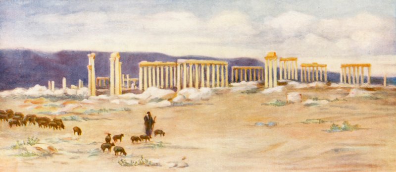 Oversigt over kolonnaden, Palmyra (farvelitografi) af Margaret Thomas
