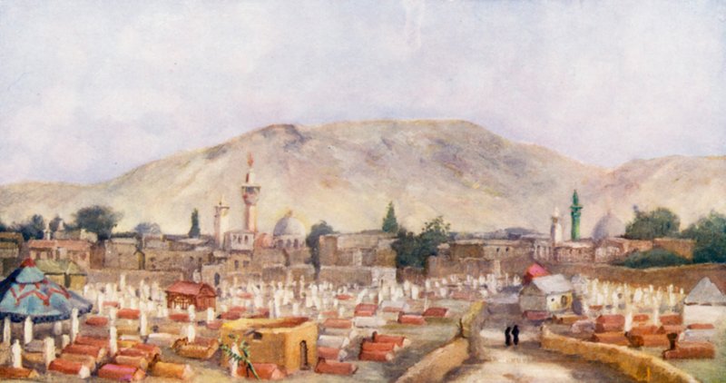 Den muslimske kirkegård i Meidan, Damaskus (farvelitografi) af Margaret Thomas