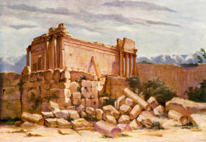 Det lille tempel, Baalbek, udvendigt (farvelitografi) af Margaret Thomas