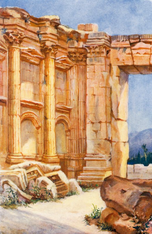 Bacchus-templet, Baalbek, interiør (farvelitografi) af Margaret Thomas