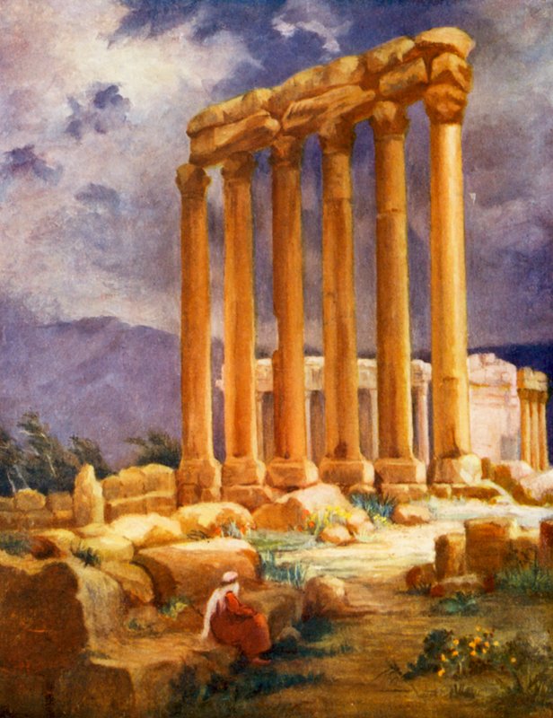 Jupiter-templet, Baalbek, en anden udsigt (farvelitografi) af Margaret Thomas