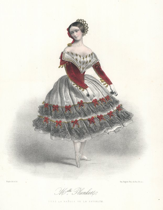 Den belgiske balletdanserinde Adeline Plunkett i La Manola de la Favorite, c1860 (farve litho) af Marie Alexandre (after) Alophe