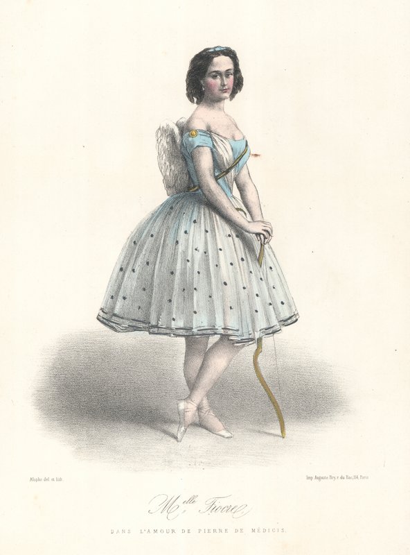 Den franske balletdanserinde Louise Fiocre i The Love of Pierre de Medicis ved Paris Opera, c1860 (farve litho) af Marie Alexandre (after) Alophe